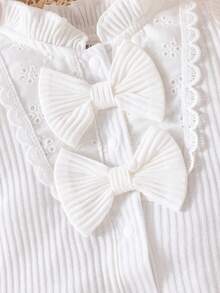 SHEIN 女嬰荷葉邊喇叭袖前蝴蝶結連身褲 - 白色 - 查看 5