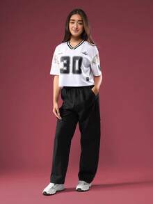 SUMWON Varsity Style Crop T-Shirt Jersey Number Lace Panel Teen Girls Back To School Casual Tee Fall Fashion Streetwear Oversized Number 30 Top - Black - View 1