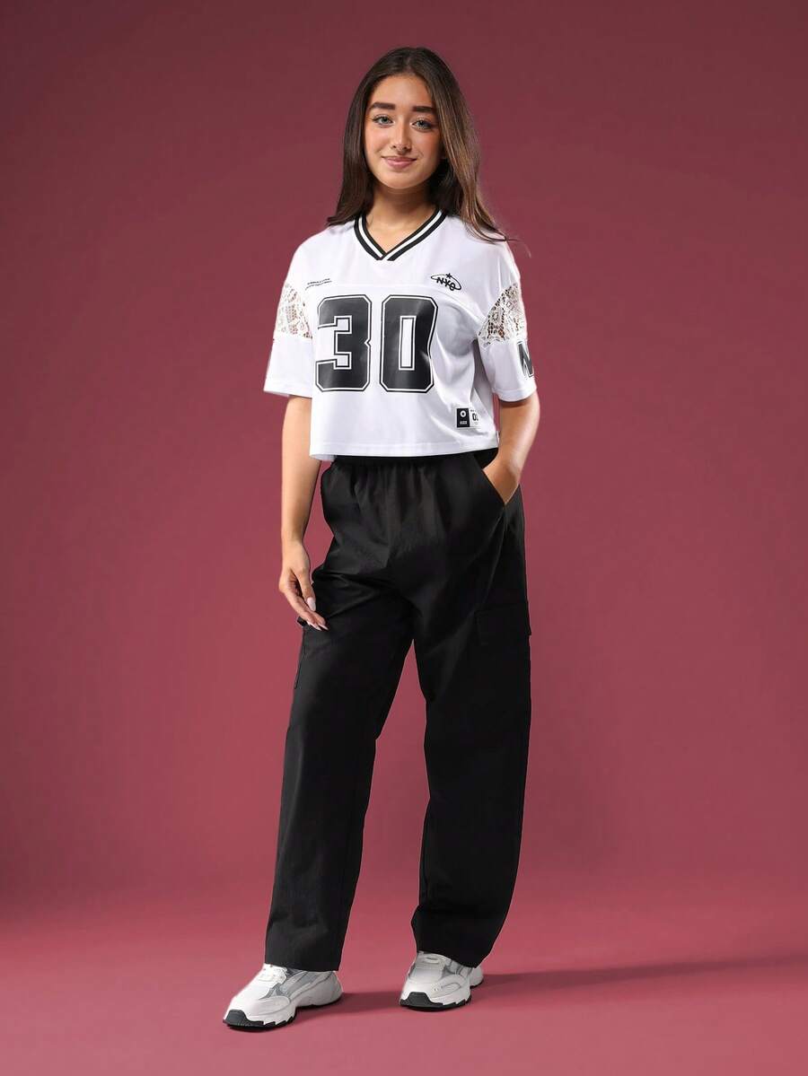 SUMWON Varsity Style Crop T-Shirt Jersey Number Lace Panel Teen Girls Back To School Casual Tee Fall Fashion Streetwear Oversized Number 30 Top - Black - View 1