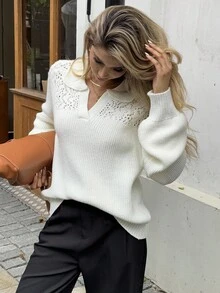 Livesso Women's Hollow Out Loose Lantern Sleeve Sweater, Autumn - Apricot - View 4
