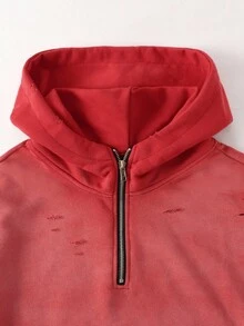 ROMWE MEN Street Life Men's Distressed Hoodie With Holes, Loose Short Style, Fall - Red - View 2