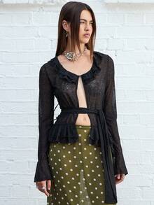 COUREZ Top de punto transparente con volantes / Top lindo de estilo Y2K para salir, top elegante de primavera para festivales - Negro - Ver 2