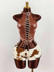 Y2K Amplova Women's Sexy Criss-Cross Backless Halter Neck Top, Summer Rodeo Cowgirl Brown 2 Piece Set - Brown - View 3