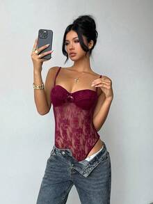 Aloruh 女士纯色蕾丝拼布蝴蝶结装饰吊带背心紧身衣 - 酒紅色 - 查看 6