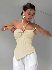 Aloruh 女士纯色休闲不对称下摆系带露背上衣 - 米色 - 查看 4