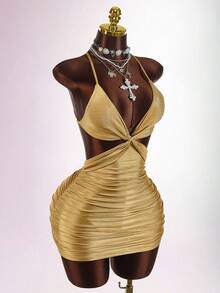 Amplova 女式纯色简约日常交叉系带迷你连衣裙 - 金色 - 查看 5