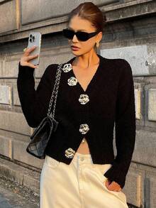 Strévra 女式V领玫瑰图案纽扣开衫，秋季 - 黑色 - 查看 5