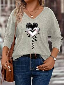 EMERY ROSE New Plus Size Women's Fashion Heart Print V-Neck Long Sleeve T-Shirt - Apricot - View 7