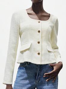 Lumivelle Elegant Commuter Solid Color Front Button Long Sleeve Jacket, Autumn Casual Spring For University Fall Winter - Apricot - View 5
