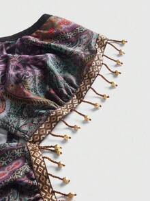ROMWE Bộ bikini 2 mảnh họa tiết Paisley in hình lễ hội âm nhạc phương Tây phong cách Hippie cổ điển dành cho nữ, viền tua rua đính cườm và khăn sarong buộc dây - Nhiều màu - Xem 6