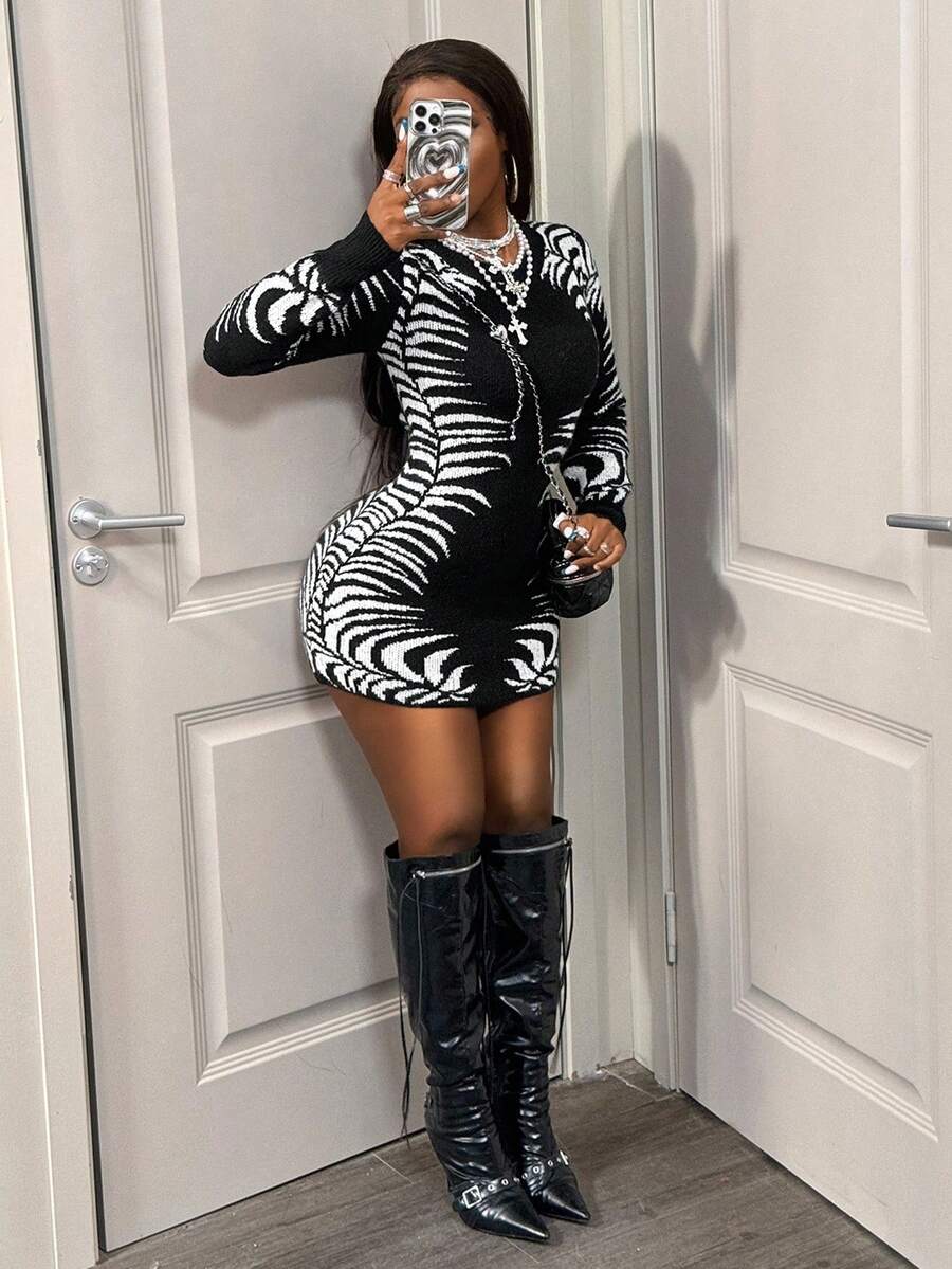 BamGleam 全新女式黑白艺术提花圆领长袖短款连衣裙 - 黑色 - 查看 1