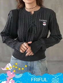 SHEIN X Care Bears FRIFUL Women's Casual Everyday Commute V-Neck Criss-Cross Tie Cartoon Embroidery Cable Knit Sweater