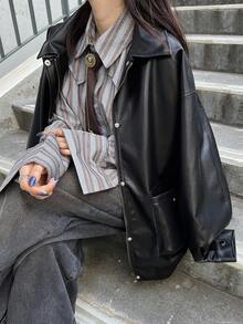 FRIFUL 女士纯色落肩长袖常规翻领宽松夹克，秋季皮夹克 - 黑色 - 查看 4