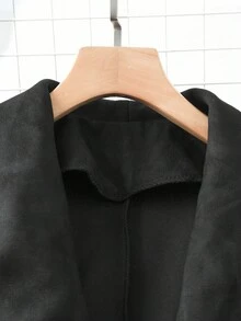 Franclia 女式优雅仿麂皮抽绳领长袖夹克，秋冬 - 黑色 - 查看 4