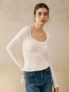 INAWLY Blusa de punto ajustada con espalda calada y lazo de mujer de unicolor - Blanco - Ver 3