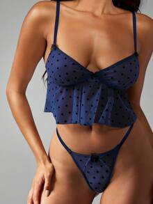 MISSGUIDED Bộ đồ lót Babydoll chấm bi lưới gợi cảm xòe xếp nếp peplum đồ ngủ dây mảnh có thể điều chỉnh họa tiết nơ tinh tế quà tặng đồ lót thân mật - Màu xanh hải quân - Xem 1