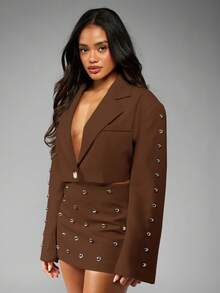 MISSGUIDED Blazer corto con botones delanteros de doble botonadura, con tachuelas, de estilo llamativo y metálico, para uso profesional y de oficina en otoño e invierno - Marrón - Ver 5