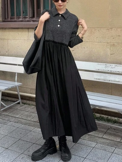 FRIFUL 女士金属纽扣装饰拼接宽松下摆厚款长连衣裙，秋冬