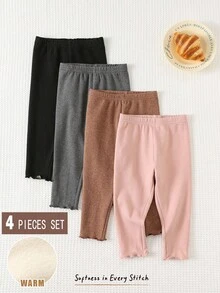 Cozy Pixies 4 قطع من السراويل الضيقة المصنوعة من الأقمشة الناعمة المحبوكة بألوان صلبة مع خصر متباين للأطفال البنات