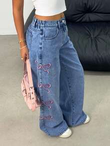 女童粉色蝴蝶结刺绣牛仔裤 - 中等水洗藍 - 查看 4