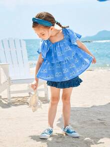 Joliand Joliand 1 pieza Blusa holgada de niña joven con patrón azul anudado de estilo urbano elegante, adecuada para uso casual, diario, salidas, hogar, playa, verano