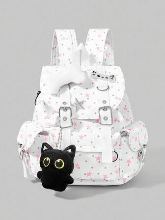 Grunge Punk Pentagram, Bone, Black Cat Decor Backpack, Fashion Casual Large Capacity Backpack Suitable For Commuting, School