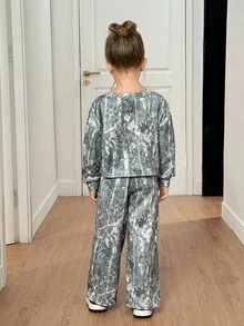 SHEIN 2件套女童花卉针织圆领休闲运动衫和紧身裤套装 - 卡其色 - 查看 3