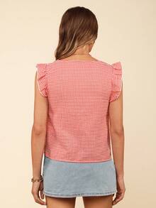 Coeurva Woven Check Pattern Cap Sleeve Square Collar Regular Fit Ladies Shirt, Vacation Style - Red and White - View 5