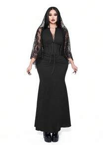 Whyspr Đầm maxi đuôi cá cổ chữ V nhún bèo cỡ lớn + Áo khoác ren tay chuông, trang phục dự tiệc thường ngày phong cách Punk Goth cổ điển thanh lịch, bộ đồ hai mảnh khoét sâu gợi cảm, thu/đông - màu đen - Xem 4