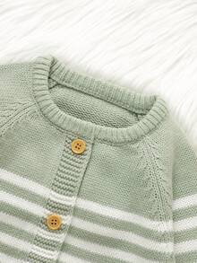 Pale Green Infant Knitted Romper: Round Neck Long Sleeve Simple Striped Design, Fashionable Jumpsuit Versatile Style Baby Boys Winter Clothes Baby Boys Fall Clothes Baby Boys Fall Outfits