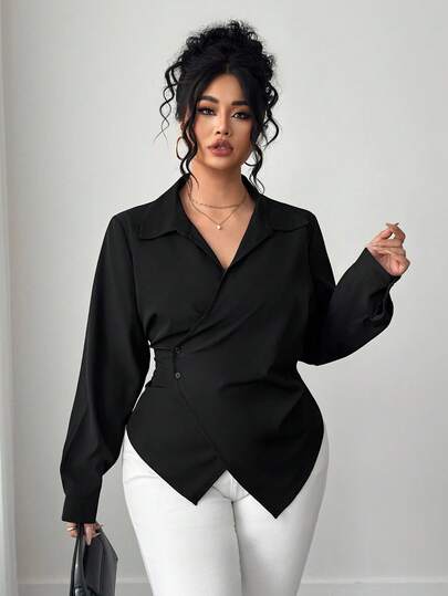 Elenzga Plus Size Women Solid Color Asymmetric Hem Wrap Elegant Long Sleeve Blouse