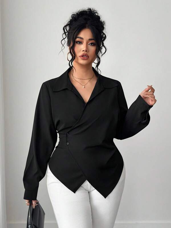 Elenzga Plus Size Women Solid Color Asymmetric Hem Wrap Elegant Long Sleeve Blouse