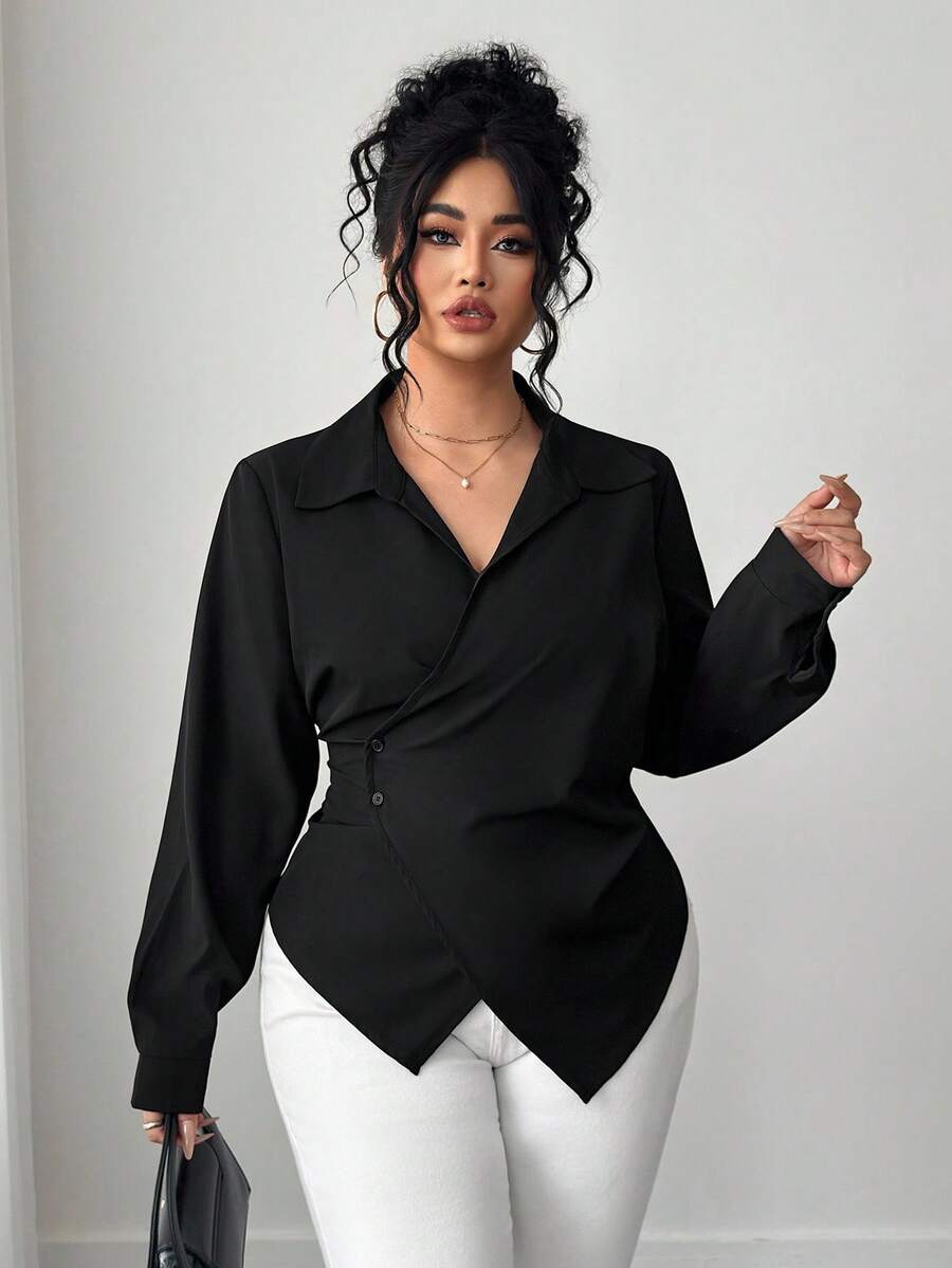 Elenzga Plus Size Women Solid Color Asymmetric Hem Wrap Elegant Long Sleeve Blouse
