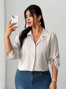 Elenzga Chemise décontractée à rayures abricot grande taille, polyvalente, à la mode et élégante