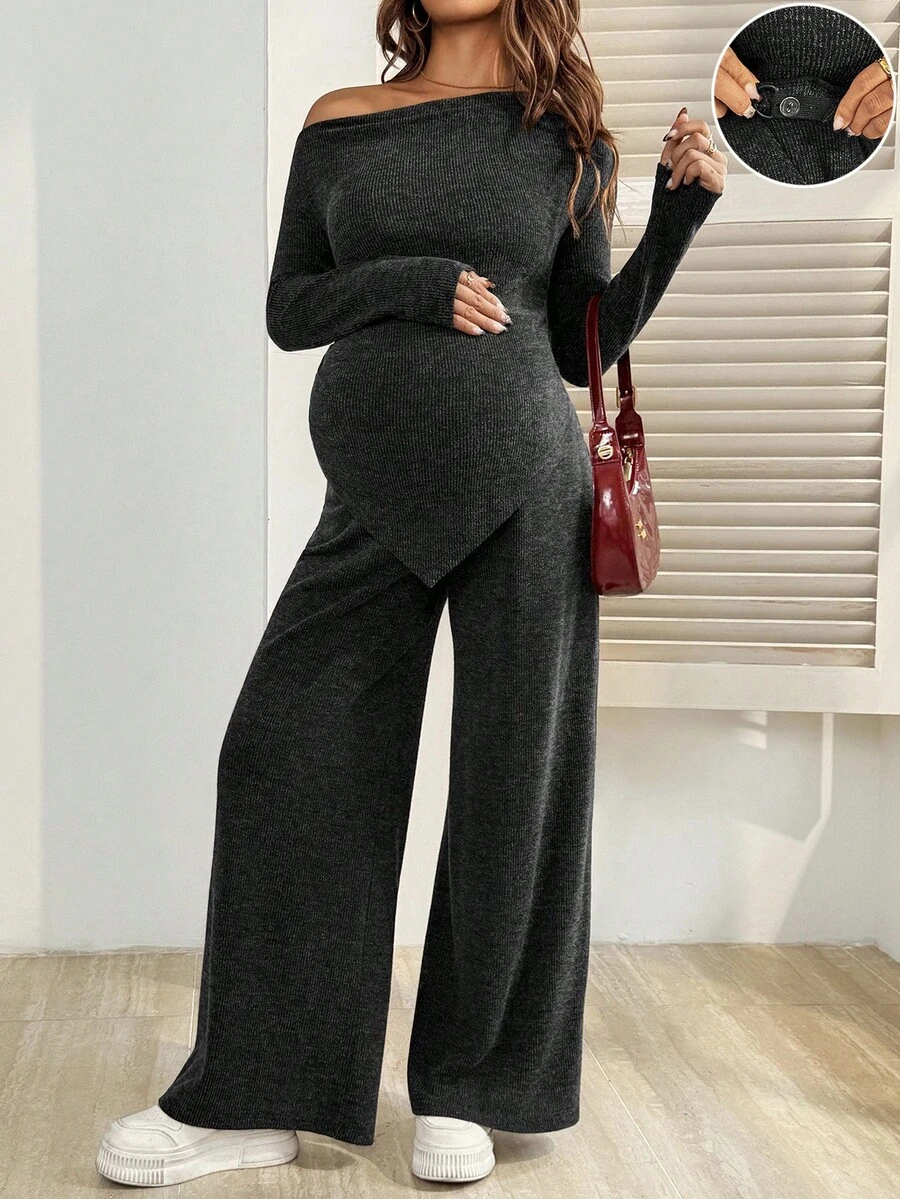 SHEIN Bộ 2 món đồ bà bầu thường ngày/công sở màu trơn không đối xứng áo và quần - Màu xám đen - Xem 1