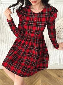 SHEIN 少女休闲红色格子短袖A字长袖连衣裙 - 紅色 - 查看 4
