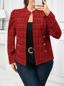 SHEIN Clasi Plus Size Women Metal Buckle Decor Tweed-Like Fabric Jacket, Elegant For Daily, Casual, Business Commute In Fall/Winter