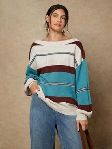 SHEIN VCAY Plus Size Women Boat Neck Striped Drop Shoulder Long Sleeve Casual Loose Knit Sweater, Autumn/Winter