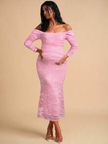 MaterniChic Elegant Party Solid Color Lace Off-Shoulder Maternity Dress - Pink - View 5