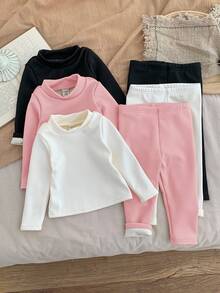 SHEIN LMoss Kids Bộ 6 món áo thun dài tay cổ lọ màu trơn dễ thương cho bé gái và quần dài cạp chun, thời trang thu đông - Nhiều màu - Xem 4