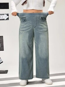 Flexra Plus Size High Stretch Knit Wide Leg Boyfriend Jeans - Dusty Blue - View 5