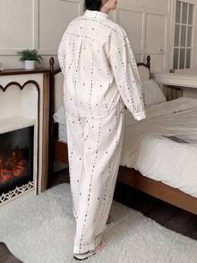 Dazy Plus 不对称印花条纹宽松衬衫和裤子睡衣套装，大码女士休闲家居服，秋季服装 - 白色 - 查看 2