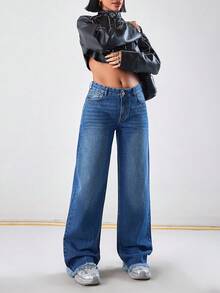 EURMUSE Quần jeans ống rộng cạp trễ, túi xéo, viền thô giản dị - Rửa trung bình - Xem 3