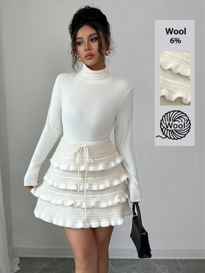 Elenzga Cream Color Frill Trim Contrast Color Knit Skater Skirt, Tie Waist Skirt, Suitable For Dates, Outings, All Seasons
