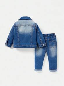 SHEIN 幼儿/男婴 2 件套休闲卡其色牛仔翻领长袖夹克和翻边高弹力紧身牛仔裤套装，休闲百搭，适合婴儿街头服饰 - 中等水洗藍 - 查看 2