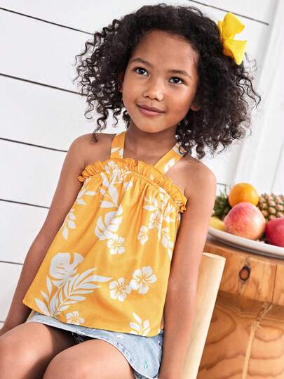 Joliand Joliand 1 件年轻女孩优雅热带花卉剪影图案吊带背心，适合城市、可爱和聚会、郊游、日常穿着、派对和夏季