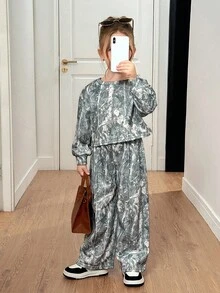 SHEIN 2件套女童花卉针织圆领休闲运动衫和紧身裤套装 - 卡其色 - 查看 2