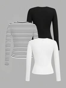 SHEIN Leap Crew Bộ 3 áo thun nữ tuổi teen dáng ôm, dễ phối đồ, màu đen, trắng, đen trắng kẻ sọc, tay dài, thích hợp cho mùa thu/đông, mặc nhiều lớp, ấm áp trong mùa thu. - Nhiều màu - Xem 2