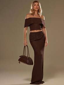 SHEIN BAE Bộ 2 áo len trễ vai màu trơn thanh lịch dành cho nữ và chân váy dệt kim dài thêm - Màu nâu Sô-cô-la - Xem 6