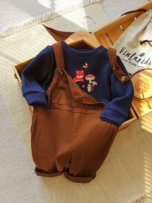 Vintaside Kids Babyboy 秋季圆领长袖可爱休闲狐狸刺绣上衣搭配时尚简约吊带长裤，适合温和天气、露营、度假、居家休闲穿着 - 彩色 - 查看 3